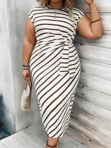 Plus Size Striped Print Knot Front Batwing Sleeve Dress, Casual Short Sleeve Round Neck Long Dress for Summer, Women's Plus Clothing for Daily Wear, Womenswear