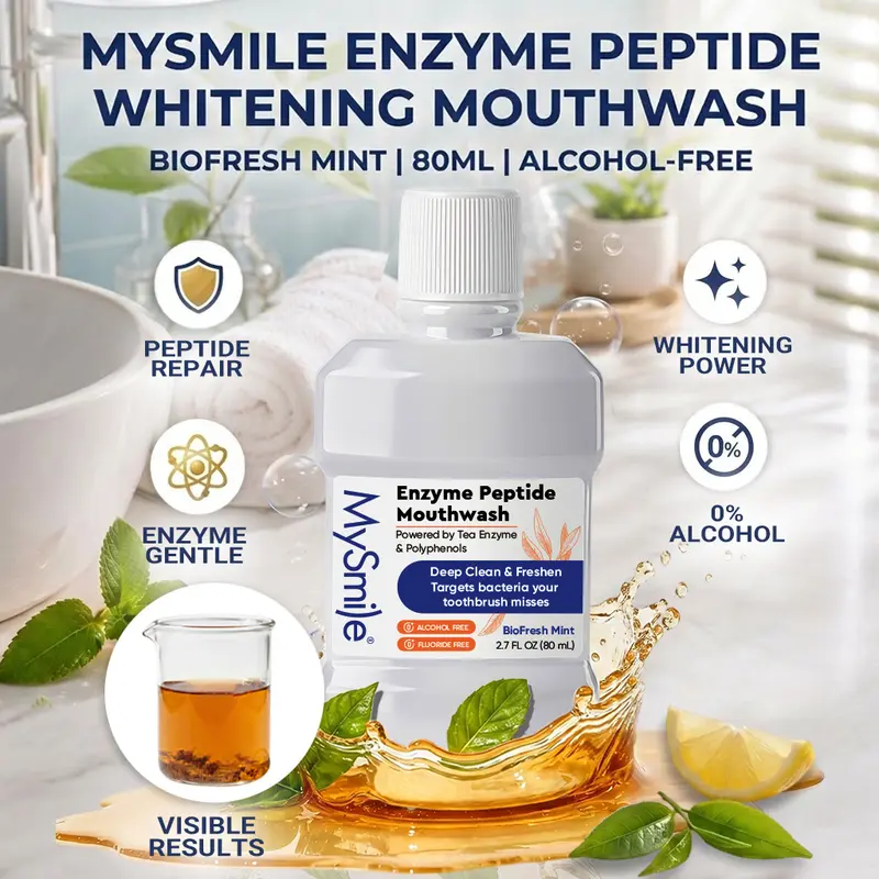 MySmile Enzyme Peptide Whitening Mouthwash Cleanser (80ml/2.7 fl oz Travel Size) - Alcohol-Free, Antiseptic, Xylitol, Helps with Decay, Moisturizing, Oil Control, Minty, Clean Finish, Unisex Adults Oral Care Rinse for Fresh Breath