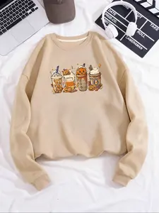 Women's Cartoon Pumpkin & Drinks Print Thermal Lined Sweatshirt, Casual Halloween Themed Long Sleeve Round Neck Drop Shoulder Pullover for Daily Wear, Ladies Fall & Winter Clothes
