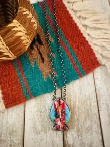 Handcrafted Sterling Silver & Multi Stone Inlay Spade Necklace