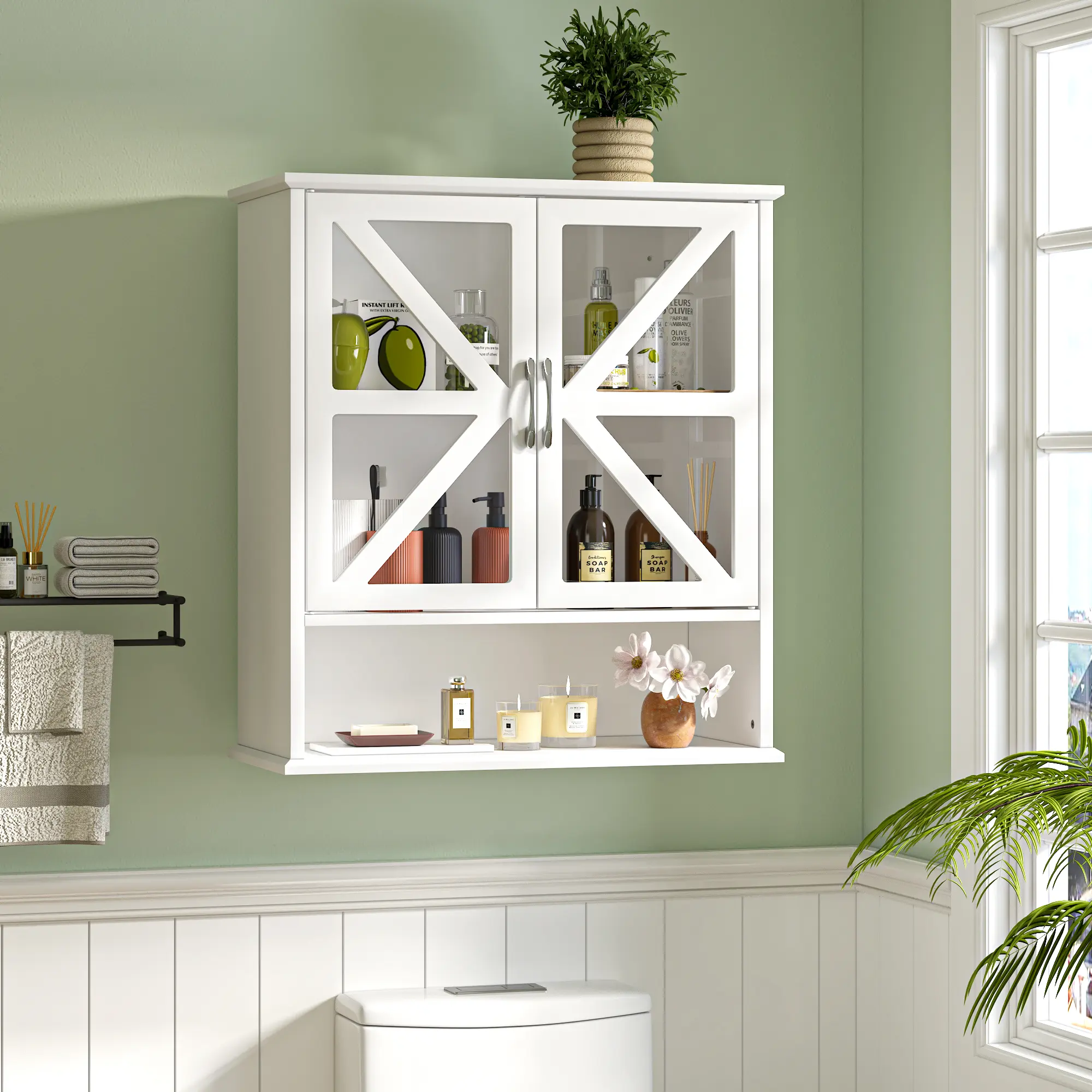VECELO White Wood Wall-Mounted Bathroom Cabinet - Waterproof, Above 25 kg Capacity, Adjustable Shelf, Double X-Shaped Acrylic Doors, Open Cubby, Farmhouse Storage Organizer for Laundry Room & Kitchen