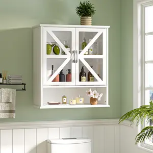 VECELO White Wood Wall Mounted Bathroom Cabinet with Adjustable Shelf, Double X-Shaped Acrylic Doors and Open Cubby Farmhouse Medicine Cabinet & Storage Organizer