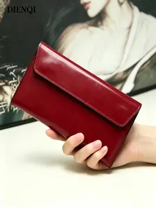 Vintage Envelope Style Genuine Leather Clutch Bag, Elegant Long Wallet Purse for Women, Slim Glossy Organizer for Daily & Travel Use