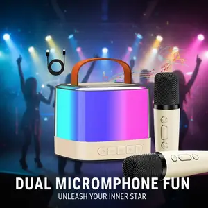 Mini Bluetooth Karaoke Machine equipped with 2 wireless microphones, dazzling LED disco lights, Bluetooth 5.3 technology, USB charging, and 5 sound effect modes. Perfect for outdoor gatherings or home use—an ideal gift choice. Portable RGB Speaker djimi c