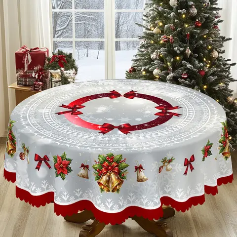 XEXSIN 1pc Polyester All Over Print Tablecloth - Rectangle/Round Christmas & NYE Themed Fabric Cover with Snowflakes, Accessory for Family Gathering Indoor Home Kitchen, Celebration Decorations for Room, Casual Festive Decorations