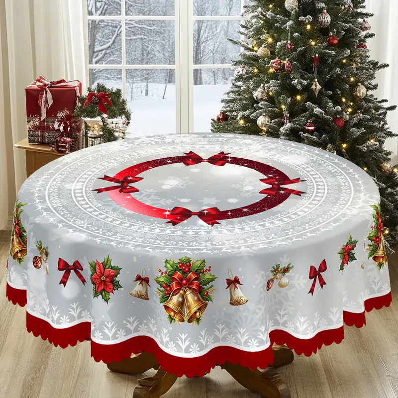 XEXSIN 1pc Polyester All Over Print Tablecloth - Rectangle/Round Christmas & NYE Themed Fabric Cover with Snowflakes, Accessory for Family Gathering Indoor Home Kitchen, Celebration Decorations for Room, Casual Festive Decorations