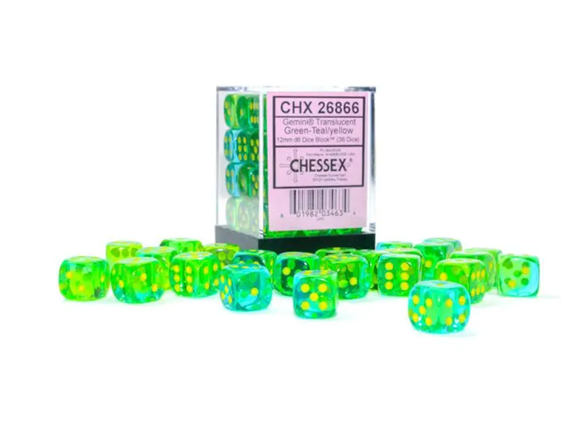 Gemini Translucent (Green-Teal/Yellow) Chessex Brand 12mm D6 Dice Set 36ct.