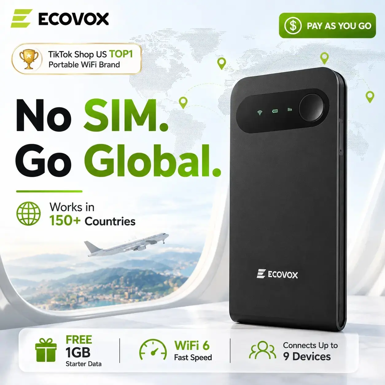 [Deals For You Days] ECOVOX 4G LTE WiFi 6 Mini Portable WiFi Hotspot, No SIM Card Needed, Works in 150+ Countries, Free 1GB Data, Connects Up to 9 Devices for Travel, Business Trips, Camping & Road Trips