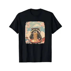 Raccoon Eating Ramen Japanese Style Graphic Cotton T-Shirt, Perfect Valentine's Day Gift for Animal & Food Lovers