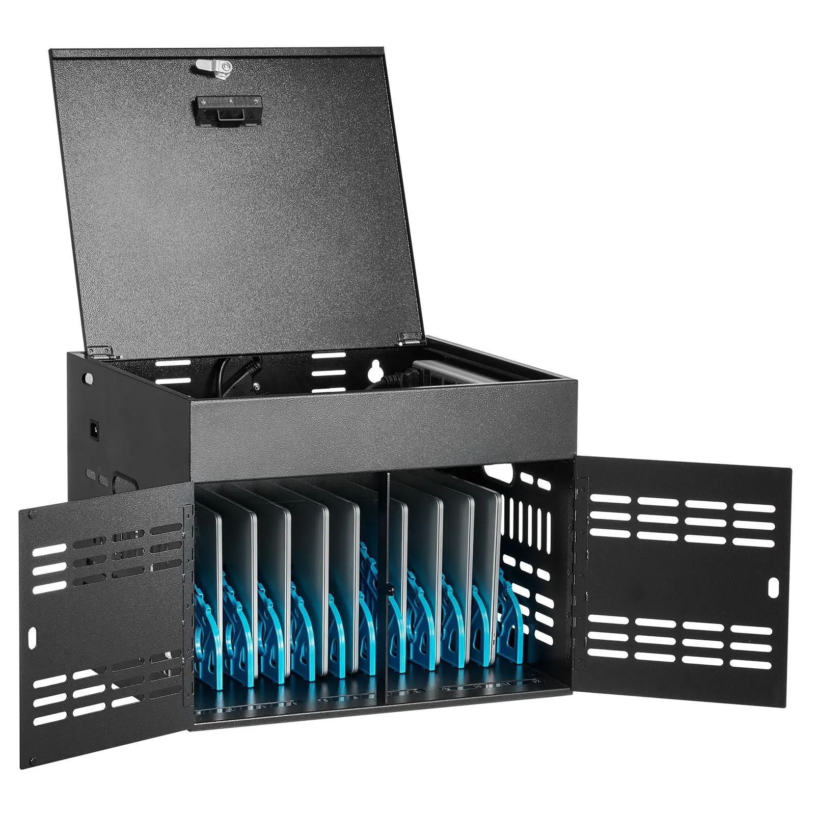 VEVOR 12-Device Commercial Office Charging Cabinet for Tablets & Laptops, Lockable Station, Wall/Desktop Mount, Steel Lock Box, Fits 15.6in Devices, Fully Assembled, Black