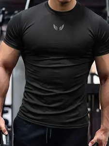 Men’s Wing Print Quick-Dry Gym T-Shirt, Breathable Mesh Athletic Tee, Slim Fit Compression Workout Top, Athleisure Streetwear for Outdoor Running, Casual Daily & Light Hiking, Moisture-Wicking, 4-Way Stretch, One Shirt for All Occasions Gym Wear