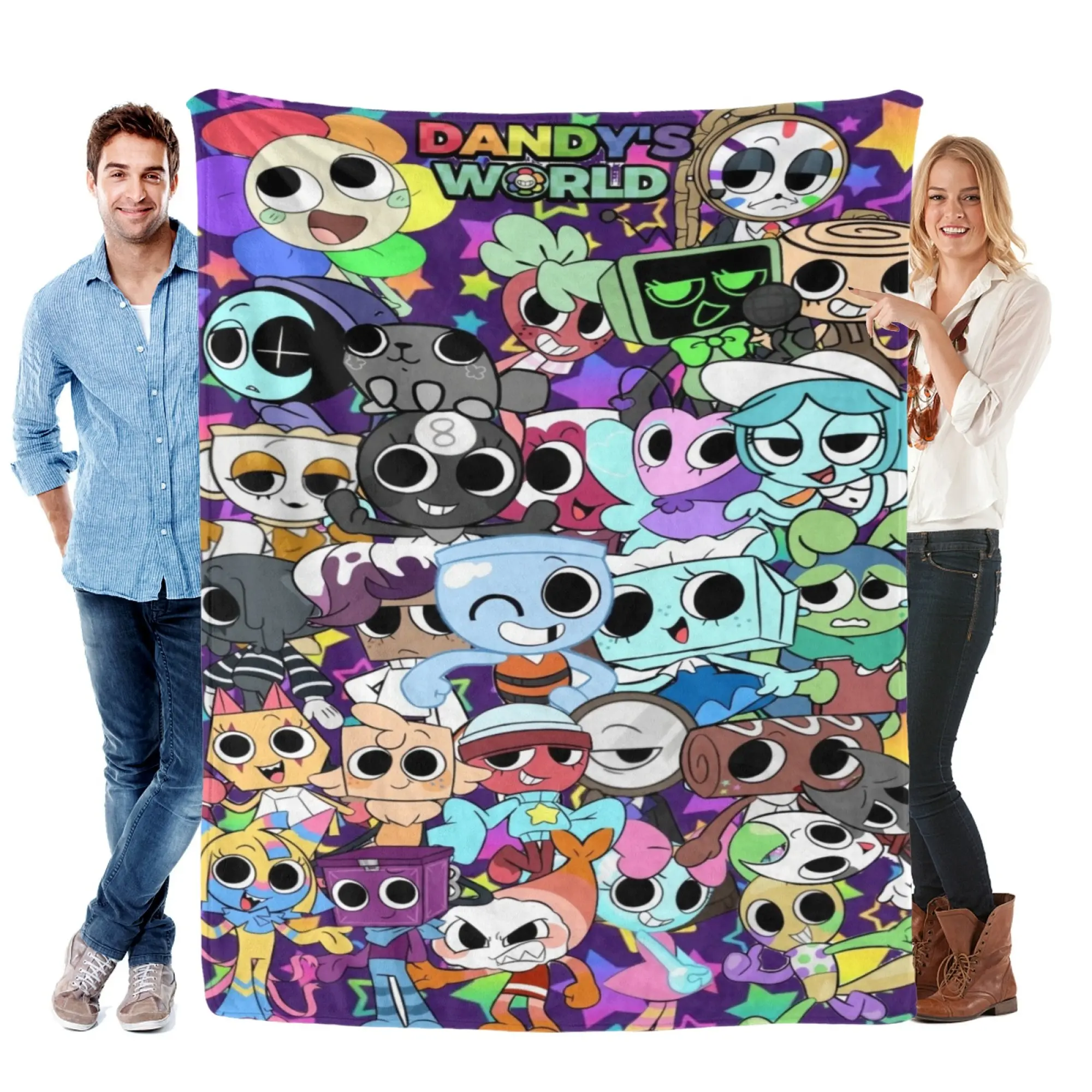 Bright Dandy's Full Collage Flannel Blanket - Flannel Fabric, Microfiber Poly, Colorful Cartoon Game Graphic, Warm Portable Throw for Home/Travel Indoor Outdoors, Star Purple Kids Room Decor, Holiday Present for Young Dandy Fans
