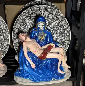 Santa Muerte with Jesus Christ Blue Aztec Calendar