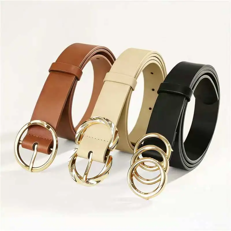 Women's 3pcs Cow Hide Belts Set - Double Ring Gold Buckle, Beige Industrial Style Sequins Decorative Adults' Female Accessories Bundle, Casual Fashion Belt for Jeans, Autumn-Winter Outfits