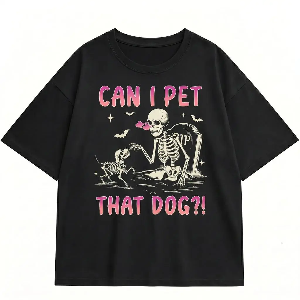 Women's Humor Graphic T-Shirt, Spooky Skeleton & Ghost Dog Print, Casual Comfortable Top for Dog Lovers, Tops, Women's Clothes, T Shirts