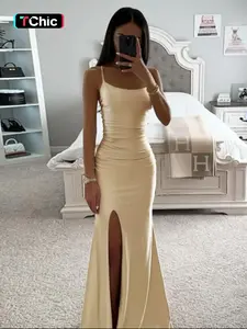Women's  Solid Color  Cami Dress, Elegant Sleeveless Split Hem  Dress for Party Club Dating Wear, Ladies Summer Clothes, Bodycon Side Slit