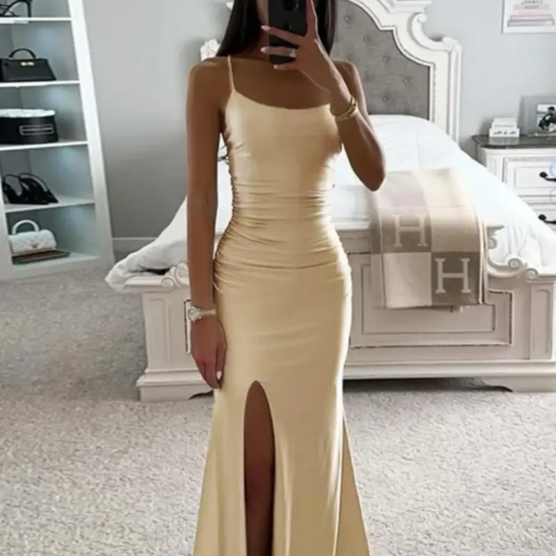 Women's  Solid Color  Spaghetti Strap Cami, Elegant Sleeveless Split Hem  Dress for Party Club Dating Wear, Ladies Summer Clothes, Formal wear, Elegant Evening Dress