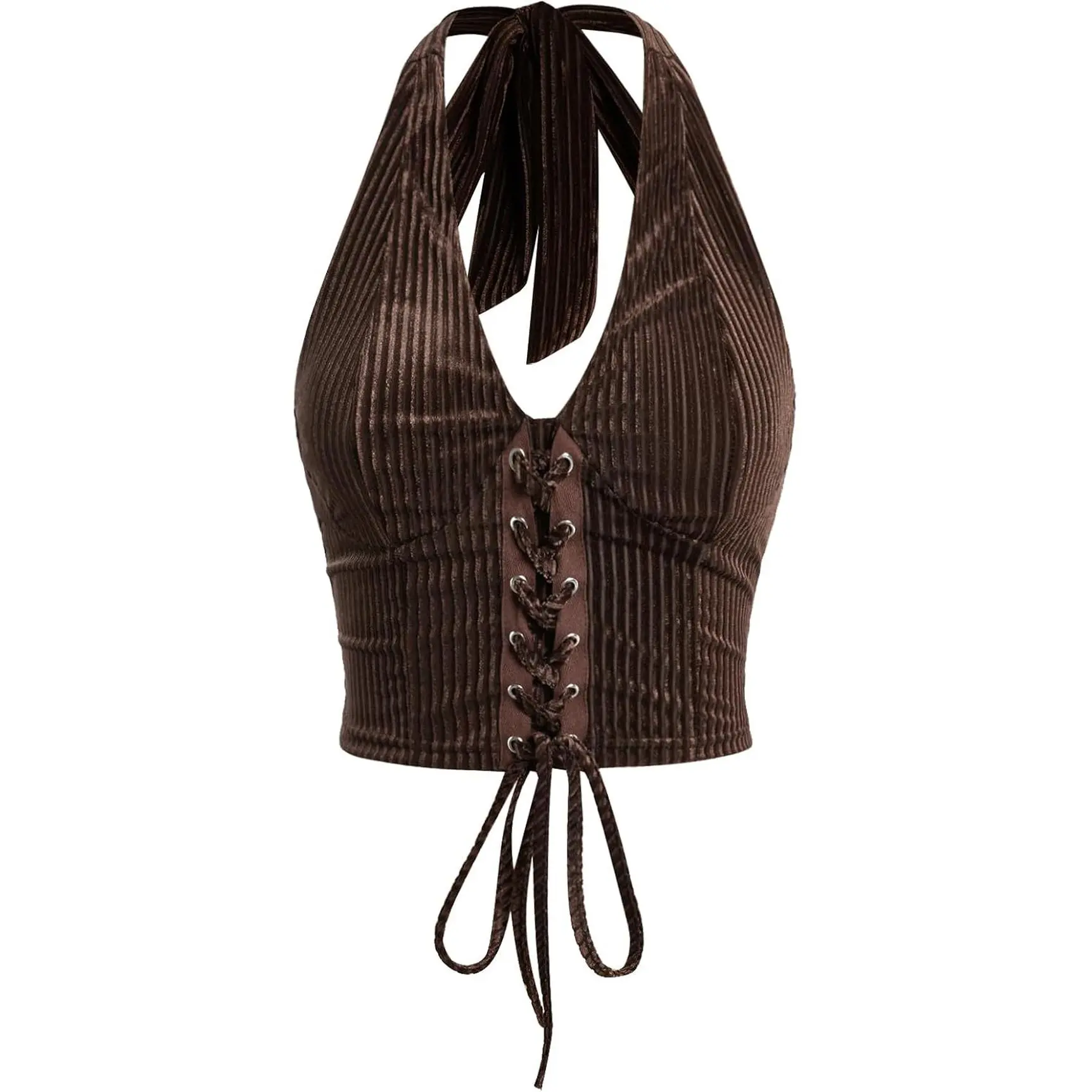 Generic Brand Women's Halter Corset Crop Top - Sleeveless, Lace-Up, Backless, Comfortable Fit, Casual Polyester Eyelet Top - Ideal for Beach Outings, Pair with Denim Trousers, Lightweight, Halter Neck, Style, Slim, Soft, Adjustable