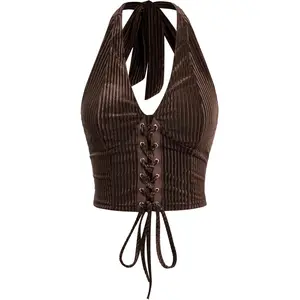 Women's Going Out Halter Corset Crop Top Sleeveless Lace Up Open Back  Generic