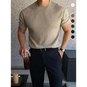 Summer Clothes Men's Plain Round Neck Cable Knit Top, Slim?Casual Crew Neck Knitwear for Spring & Summer, Menswear for Daily Wear,?National Day Clothing