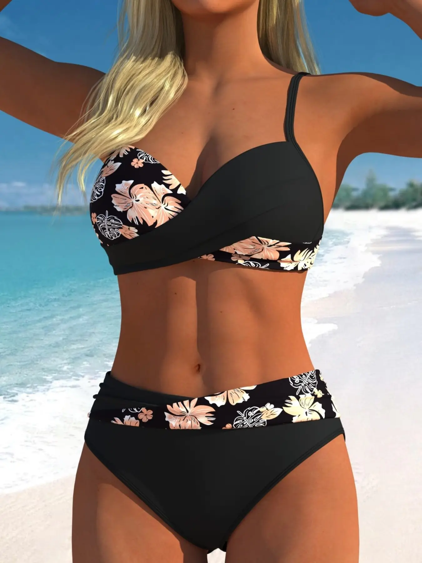 Fashionable Printed Bikini Set Swimsuit, High-Waisted Belly Concealment, Front Cross Design, Women's Summer Beachwear, Slim-Fitting, All Seasons