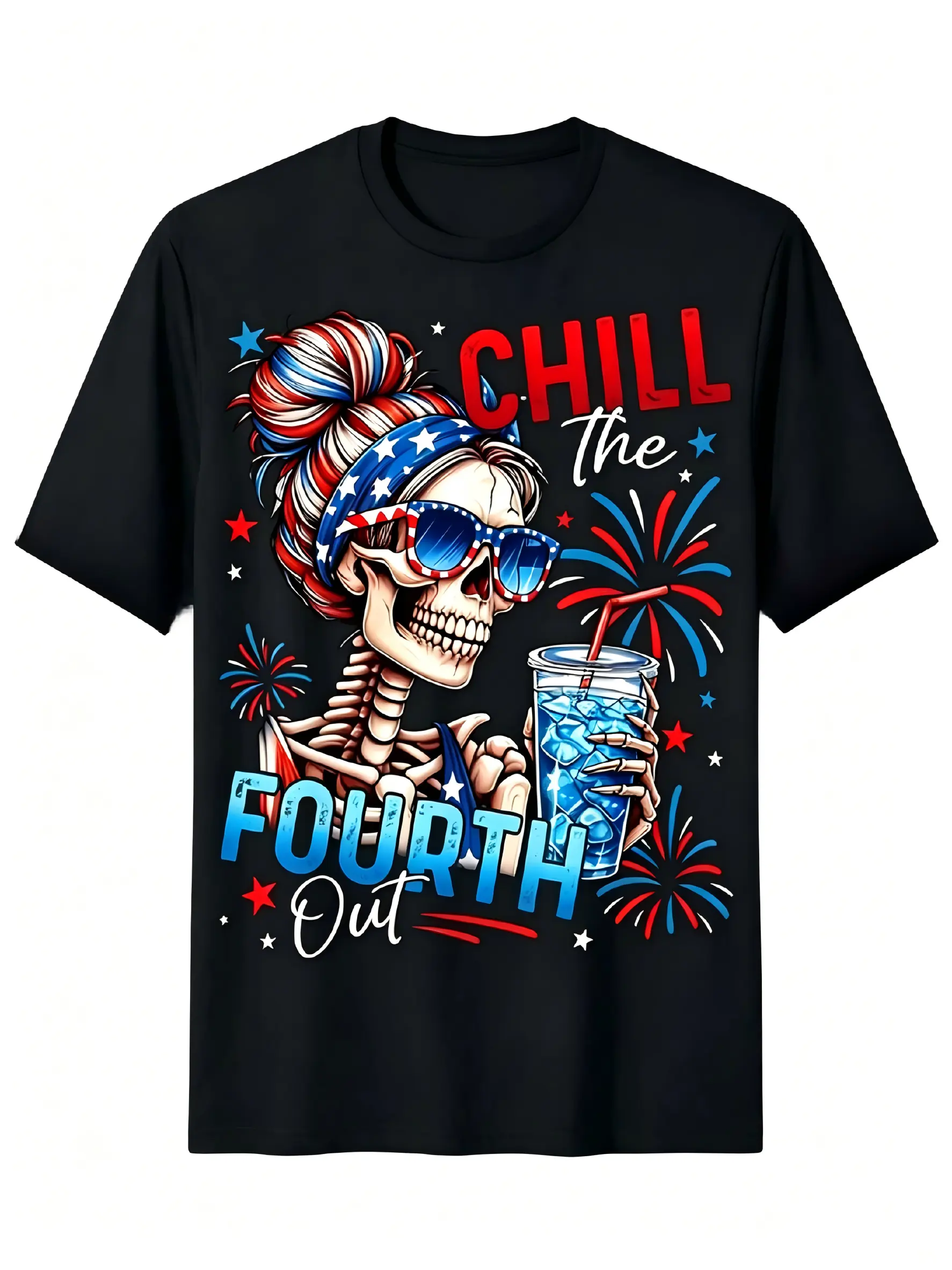 Women's 2026 Spring & Summer Cotton Blend Short-Sleeve Round Neck Tee - Stylish, Smooth, Breathable, Patriotic Skeleton Print, 4th of July Festive, Unisex Fit, Simple, Machine Washable Easy Care, Everyday Wear, Pairs with Jeans or Shorts, Easy Styling