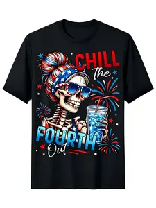 2026 Spring & Summer Collection Men's Chill The Fourth Out Patriotic Skeleton T-Shirt Casual Crewneck for 4th of JulyTop Classic Day Festive women,summerwins Smooth Soft