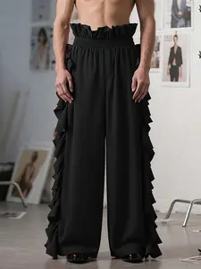 INCERUN Men Pants Solid Color High Waist Joggers Ruffle Loose Wide Leg Trousers Men Streetwear Fashion Casual Long Pants Workwear