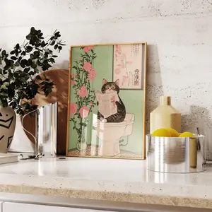 [No Frame] Japanese Tabby Cat on a toilet, Funny bathroom print, Toilet poster, Japan cat Pooping wall art, Unique Cat Lover Gift