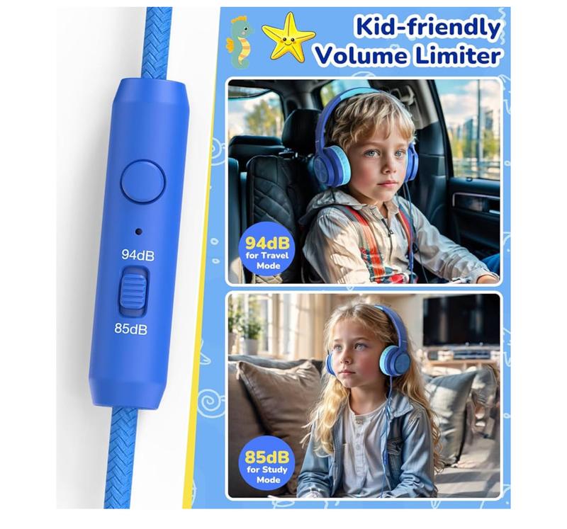Kids USB-C Headphones with Mic – Safe Volume Limiter – Foldable Over-Ear Wired Headset (Blue)