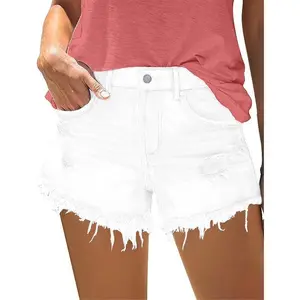 Women’s ripped mid-rise denim shorts with pockets, casual fabric
