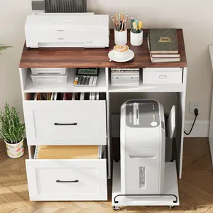 VOWNER File Cabinet with Charging Station, 2 Drawer Filing Cabinet, Printer Stand with Rolling Shredder Stand, Wooden File Cabinets with Open Storage Shelf, for Home Office fit A4, Letter, Legal Size