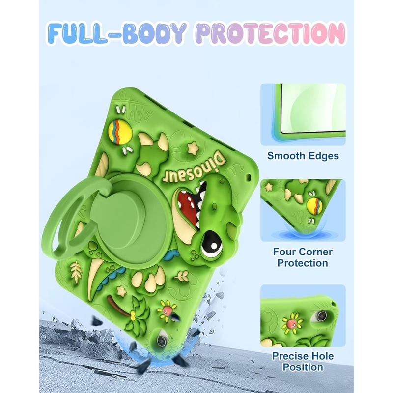 3C9-PHP016  for iPad A16 Case/10th Generation Case - Green Dinosaur Cool for Boys Girls Teens Soft Silicone Cute with Shoulder Strap & Rotating Stand Case for iPad A16 11th Generation 11 Inch 2025