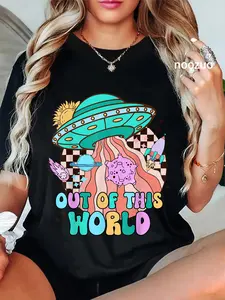 100% Cotton Out Of This World Outer Space Rocket Retro Planet Galaxy T-Shirt
