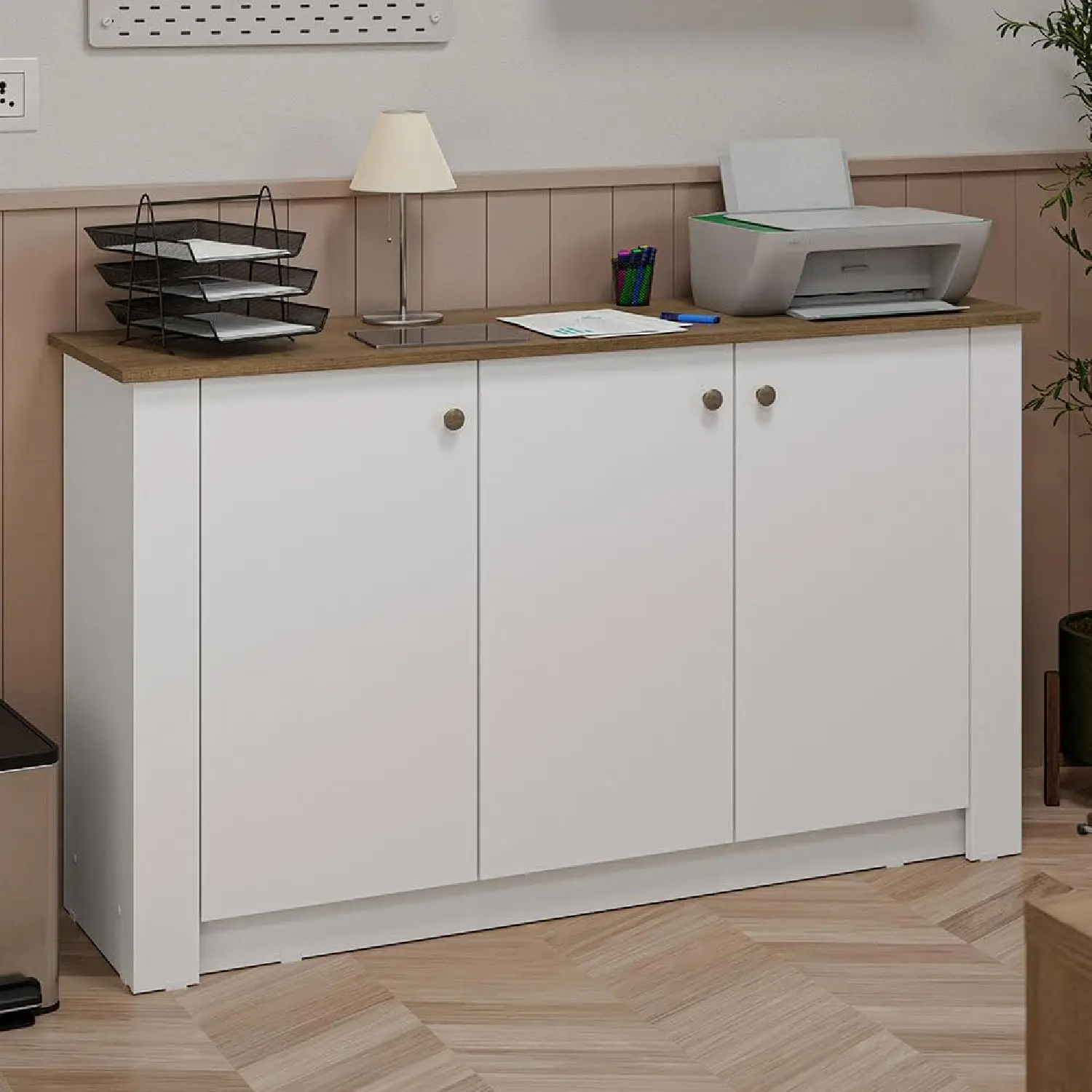Madesa Office Storage Cabinet with 3 Doors Wooden Organization Unit for Office Supplies, Documents, and Printers Perfect for Home Office or Workspace – White