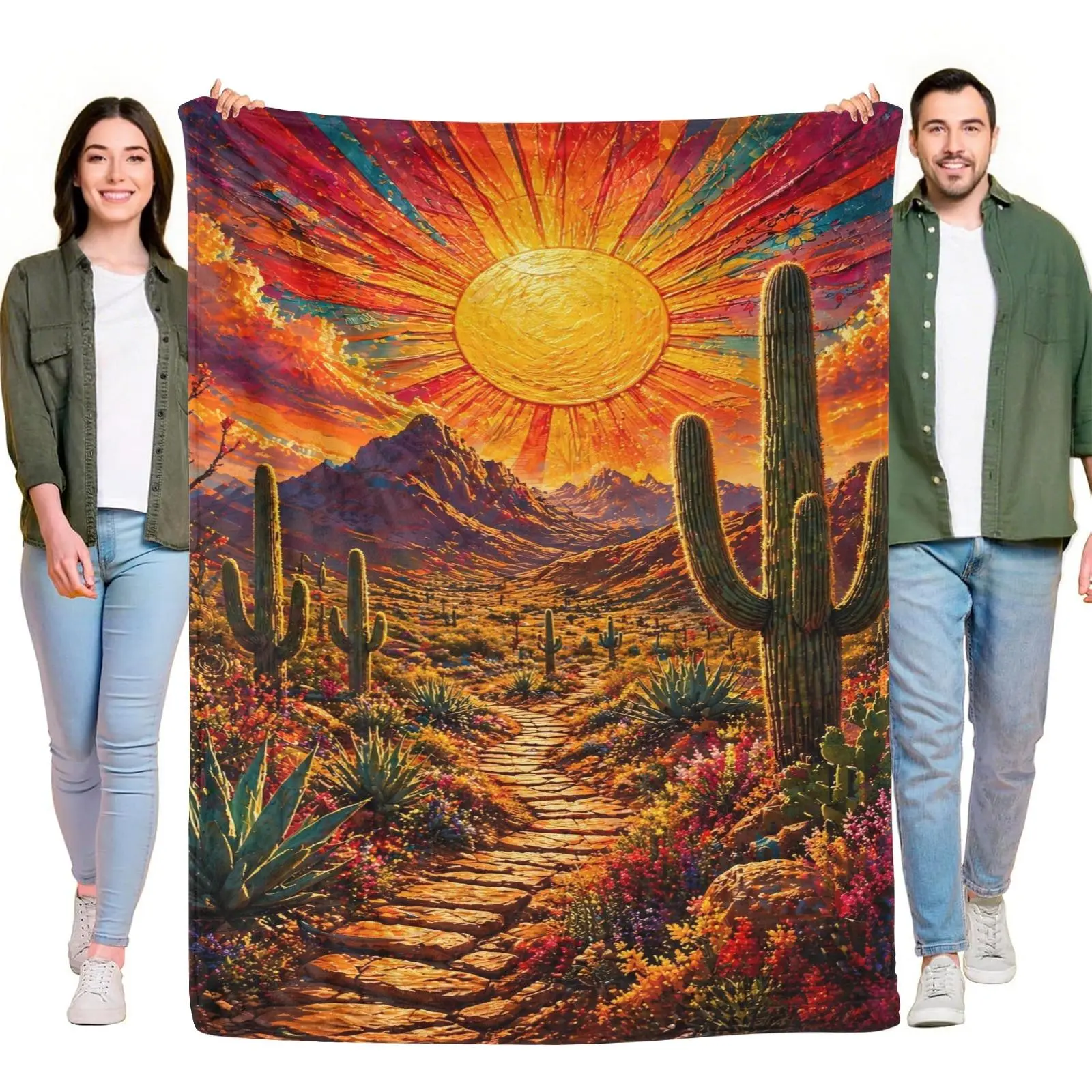 Vibrant Desert Cactus Mountain Sunset Painting Flannel Throw Blanket, Southwest Western Nature Cozy Lightweight Blanket For Sofa Bedroom Decor