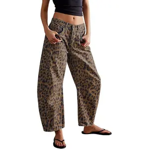 Women’s Mid-Rise Leopard Print Wide-Leg Ankle Denim Pants for Casual Wear