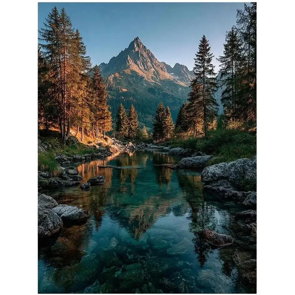 Dolomiti Mountains Sunrise Lake Scenery Framed Canvas Decorative Painting, Alpine Mountain Landscape Wall Art, Exquisite Details, Tranquil Natural Style, Interior Wall Decoration for Living Room, Office, Cottage