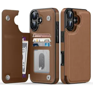 for iPhone 16 Plus Case Wallet Flip Folio Leather Cover with Trendy Design, 4 Card Slots & Kickstand Function, Stylish Protective Phone Case for Women and Girls Brown