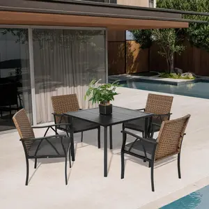 5-Piece Wicker Outdoor Table and Chairs, Patio Dining Set w/Square steel Tabletop and Umbrella Hole, Patio Table and Chairs Set for Backyard Deck Balcony Front Porch ,Brown+Gray