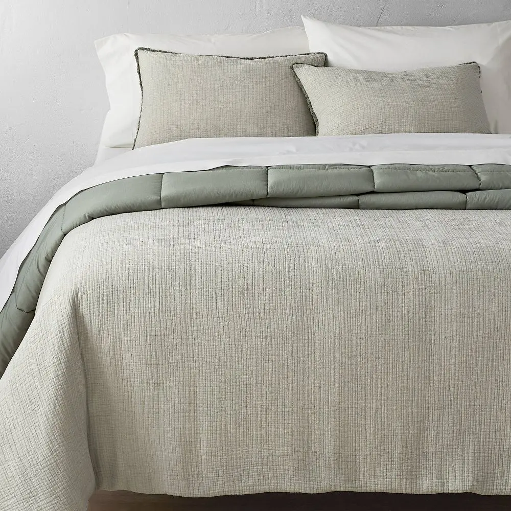 Textured Chambray Cotton Comforter & Sham Set Sage - Casaluna