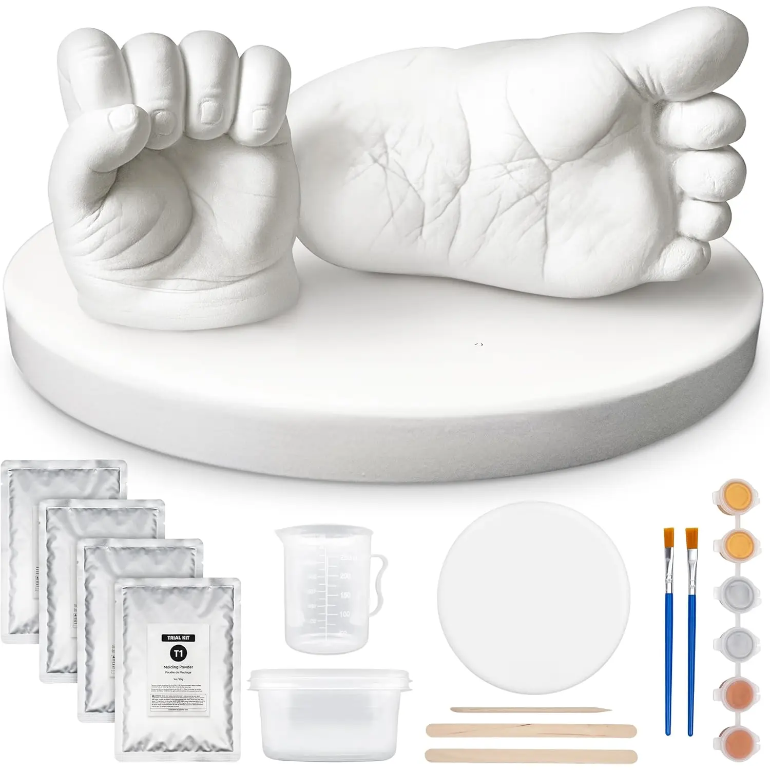 Casting Kit Hands and  Mold - 3D  Hand Casting Kit & Stylish  Base,Easy DIY  Foot Molds 0-9 Months,  Keepsake,Shower Gifts for Moms (Round,Alpine White)