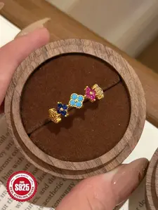 Elegant S925 Silver Four-Leaf Clover Ring, Zirconia Inlay, Colorful Sparkling Luxury Jewelry Gift for Women, Perfect Ladies' Accessory, Bridal Engagement Ring