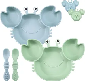 2 Pack Silicone Suction Plate for Baby, Divided Unbreakable Toddler Food Plate with 2 Pack Spoons for Self Feeding, Toddler Utensils Feeding Set Baby Eating Supplies, Crab Shape -Blue&Green