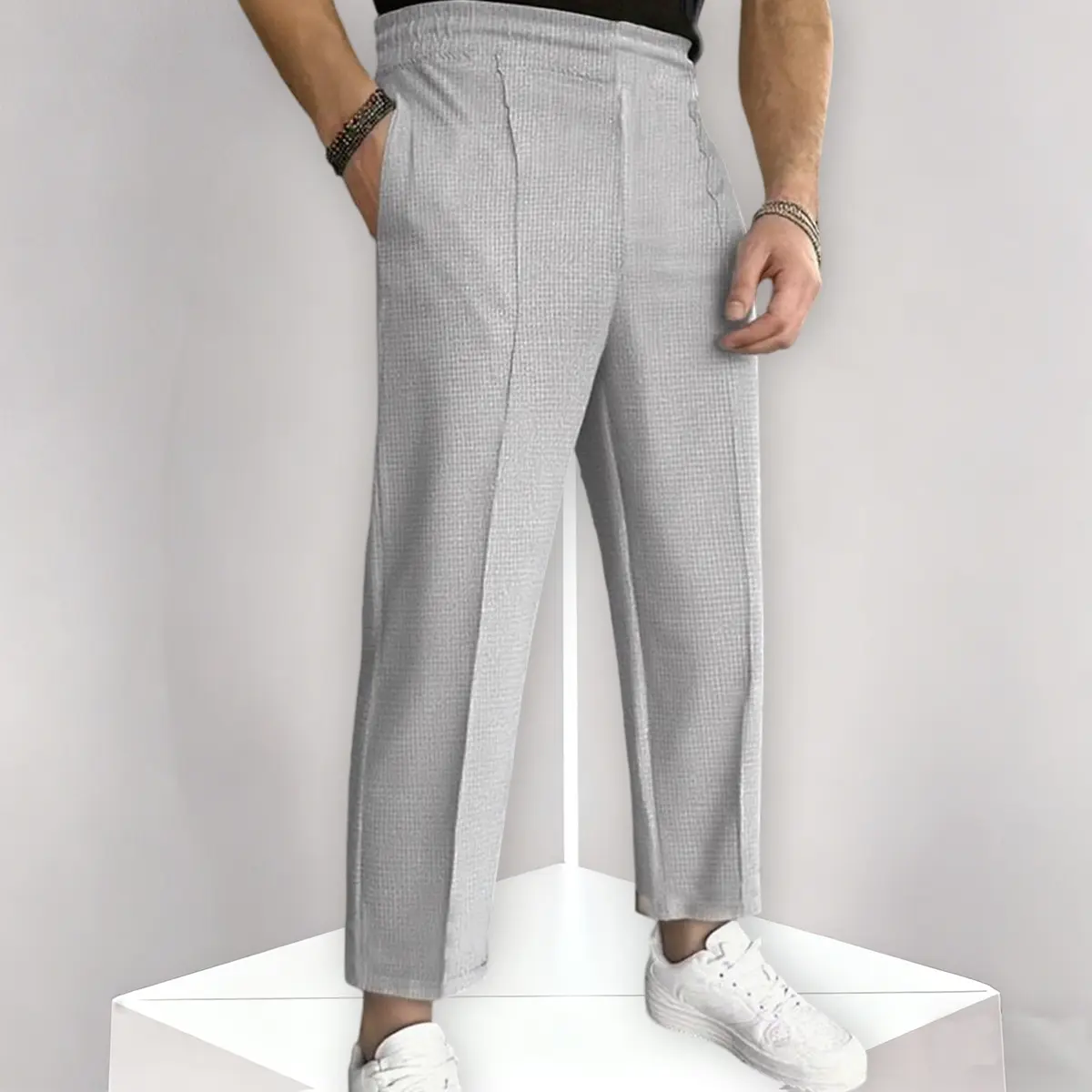 Teen Boys Casual Waffle-Knit Straight Trousers | Comfort Soft Easy Care School Outdoor Bottoms