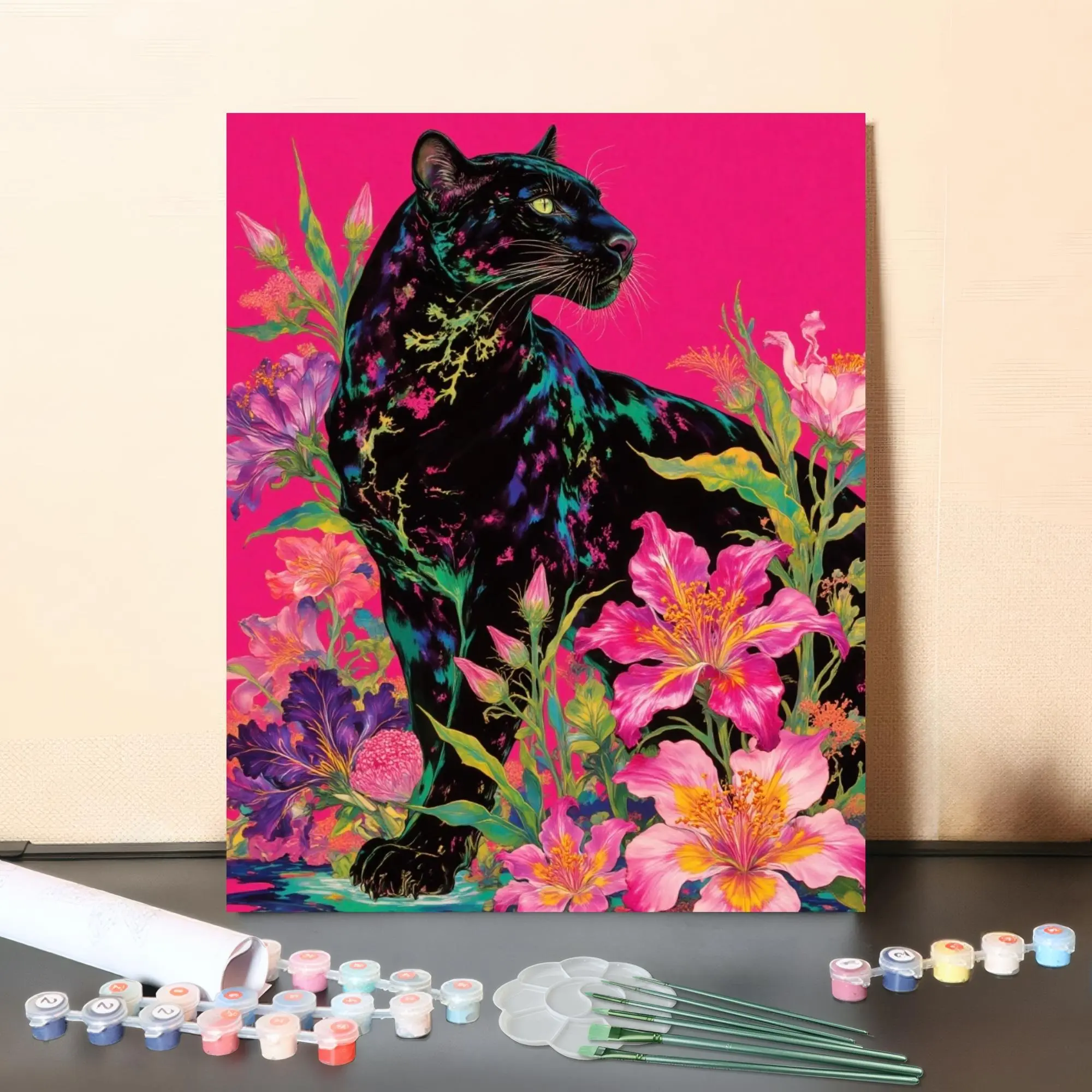 DIY Paint-by-Numbers Set "Wächter des Blütendschungels" - Includes Printed Canvas with Numbered Fields Wooden Frame Acrylic Paints & Brushes for Adults & Kids