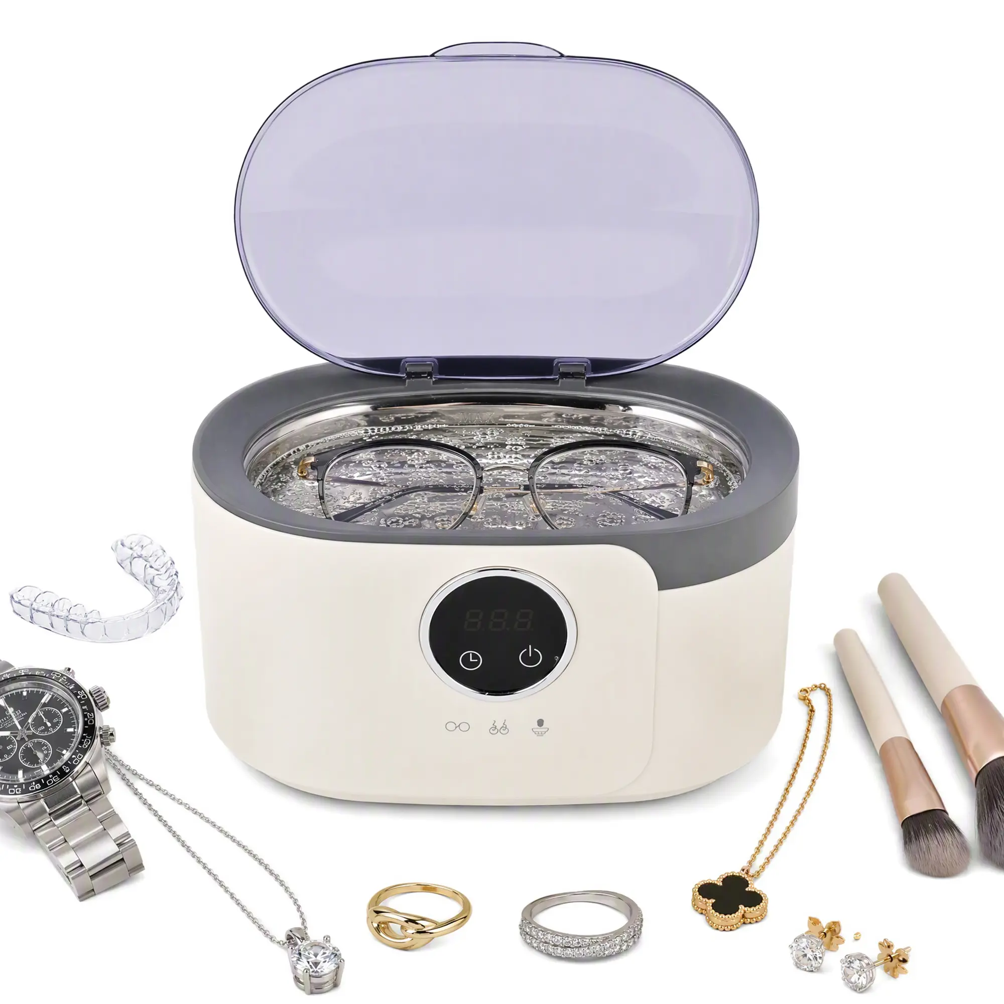 SUSTEAS 600ml White Ultrasonic Cleaner - 2 Styles: Round UV Sanitization (2 Timers), Square Touchscreen UI (5 Timers) - 1-Touch Start, Cleaning Basket, Compact, Waterproof Automatic Portable Home Sterilizer for Small Items