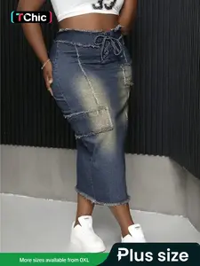【plus Size】 Vintage Denim Skirt, Fashion Casual A Line High Waisted Skirt for Daily Outdoor Wear, Women Plus Clothing for Summer, Hip Hugging Skirt, Clothe, Womenswear, Basic Bottom, Adjustable Skirt