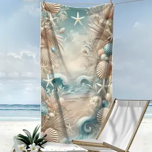 Soft Quick-Dry Large Beach Towel, High Absorbency Microfiber, 70x140cm/90x180cm, Wave, Sand, Shell, Starfish Design, Ideal for Pool, Yoga, Camping