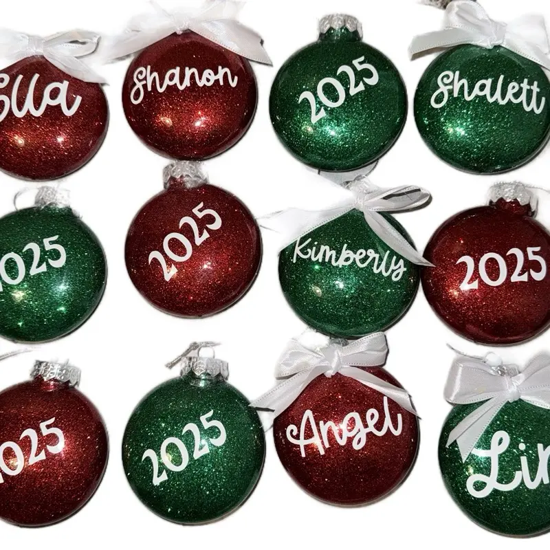 Glitter Bulbs Personalized Christmas Ornaments 2025 Red & Green with Custom Names for Holiday Decorations